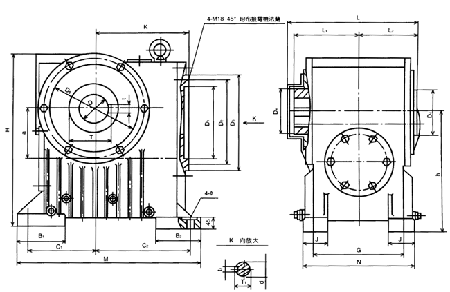 RD型二次包絡(luò)蝸輪減速器外形及安裝尺寸