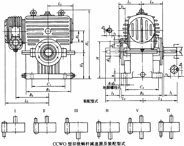 雙級蝸桿減速器的裝配型式與主要尺寸