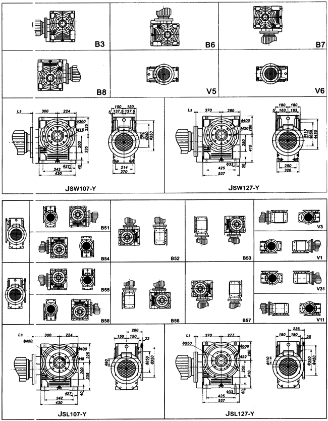 JS系列斜齒輪-蝸輪減速機(jī)安裝方位及尺寸圖表