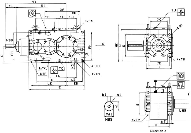 MC系列硬齒面中型齒輪減速機(jī)安裝尺寸(2級(jí)錐齒輪—斜齒輪減速器水平安裝)