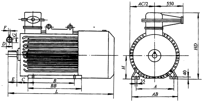 YB系列中型高壓隔爆型三相異步電動(dòng)機(jī)外形尺寸(6kV)